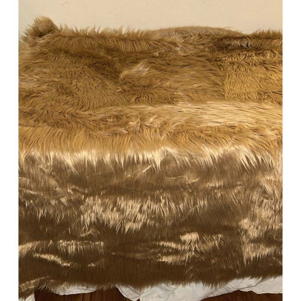 Golden Brown Faux Fur Fabric Remnant Uneven Cut Shaggy Long Pile 65"x55"